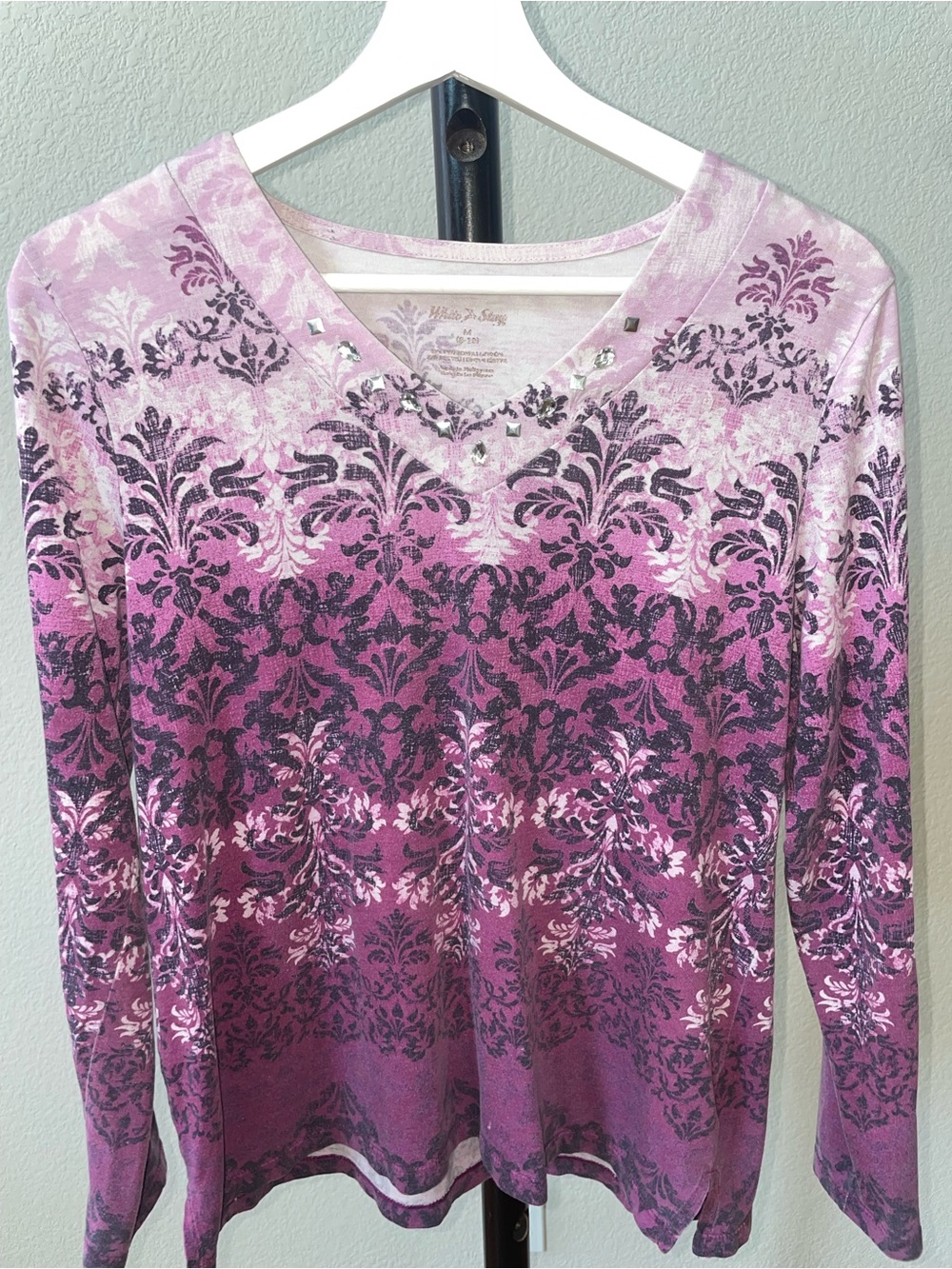 💜White Stag Purple Ombré Damask Floral Studded V-Neck Long Sleeve Top Blouse - S